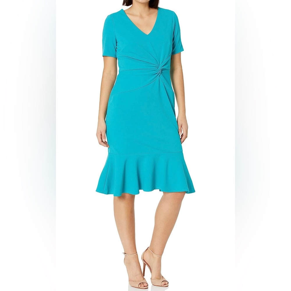 London Times Women's V-Neck Twist Midi w/ Flounce | size 14 W | Teal (blue/green